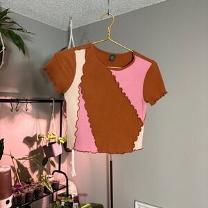 Wild Fable Crop Top Color Block Ribbed Lettuce Edge Short Sleeve Tee M‎